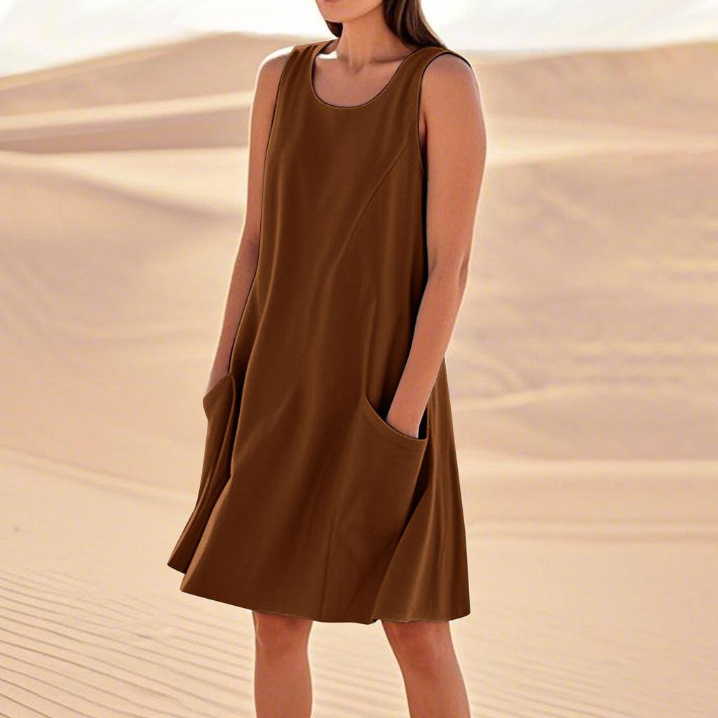 Sommerkleider für Damen, lockerer Strandurlaub, lässig, ärmellos, Sommerkleider mit Taschen, Tankkleid
