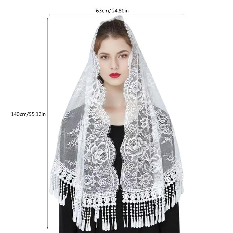 Woman Mantilla Floral Veil Lace Mantilla Veil Tasseled Shawl Headwear Mantilla