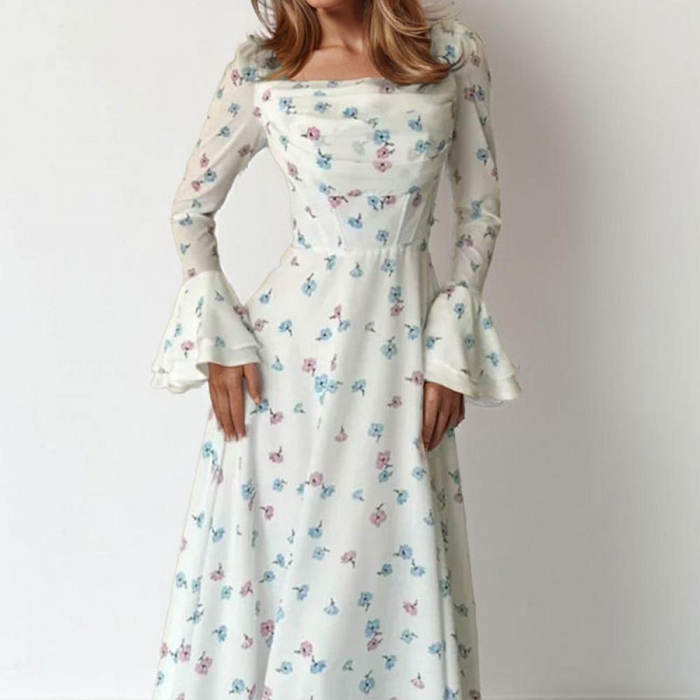 Damen Elegantes Blumiges Raffiniertes Feenhaftes Fließendes Langes Kleid Mit Taille Und Glockenärmeln Kleider Für Mädchen