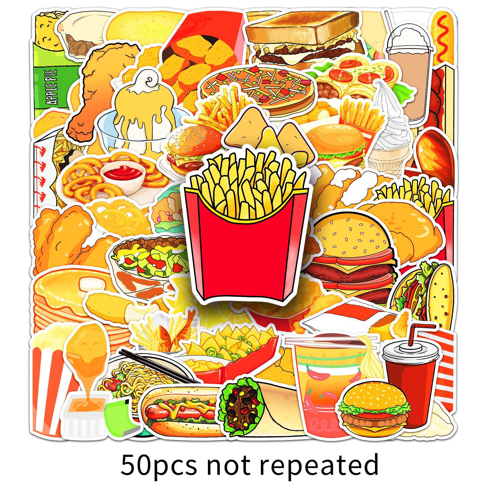 50 Fast Food Stickers: Hand-Painted Burgers & Fried Chicken for Fridges, Diaries, Suitcases