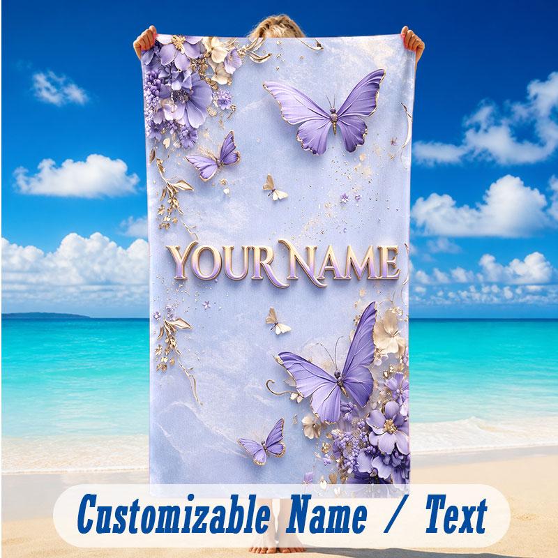 Butterfly Theme Beach Towel Personalized Custom Name & Text Soft Quick Dry Beach Towel for Swimming Travel