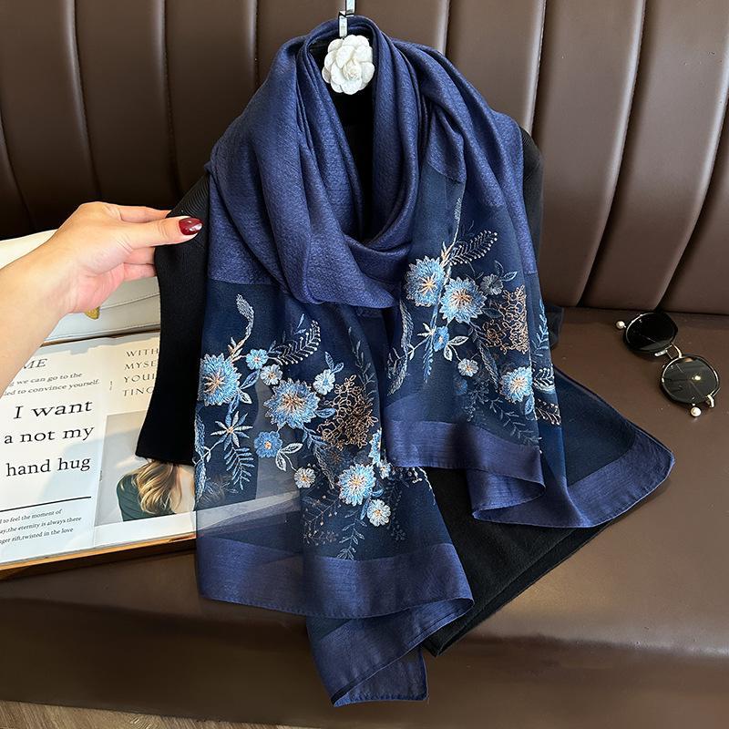 New silk wool scarf Shawls Wraps Women Floral Embroidery Foulard Headkerchief Pashmina Poncho Scarves Headband Hijab Bandana