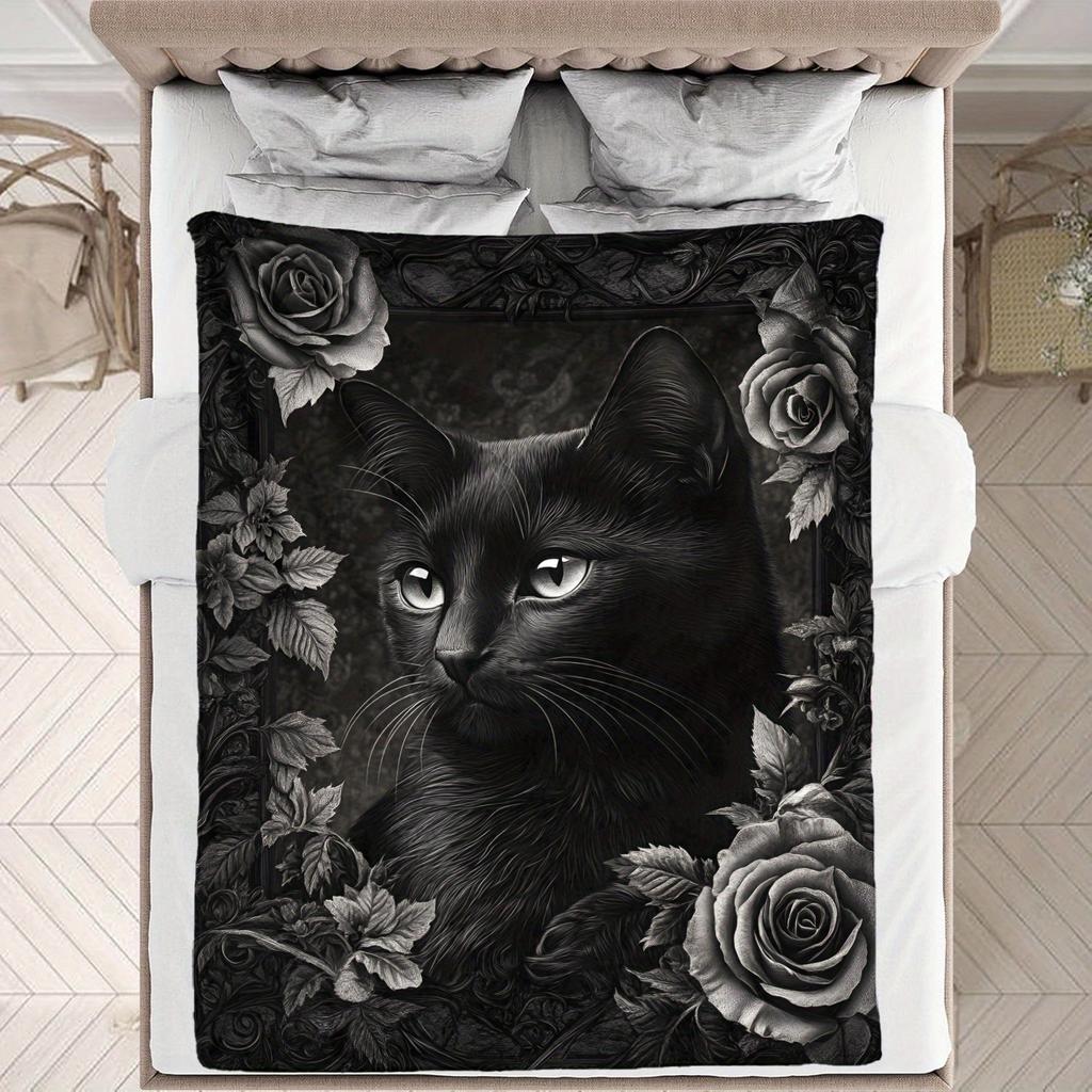 Black Cat Animal Pattern Print Art Blanket - Soft All-Season Multi-Purpose Throw for Sofa, Bed, Travel, Decor & Gift