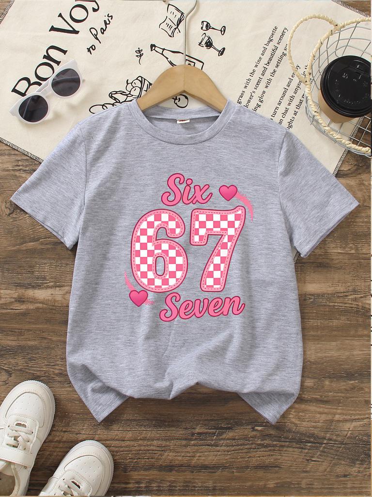 Number 67 Unisexs Tshirt Pink Checkered Six Seven Print Cute Heart Casual Short Sleeve Tee For Unisexs