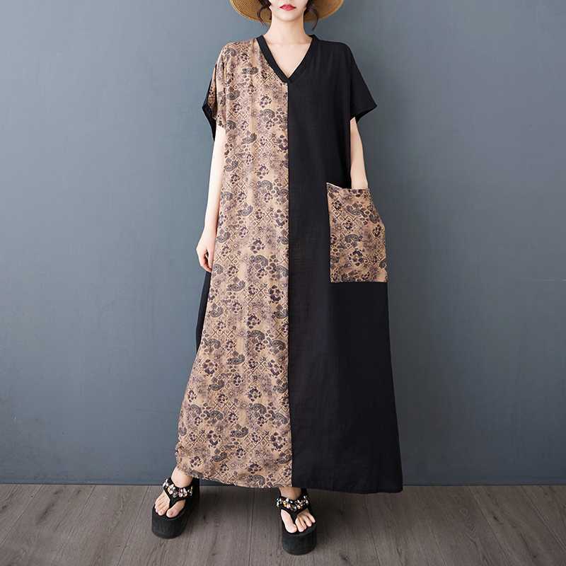 Women's Retro Slimming Short Sleeved Color Blocked Ultra Long Dress