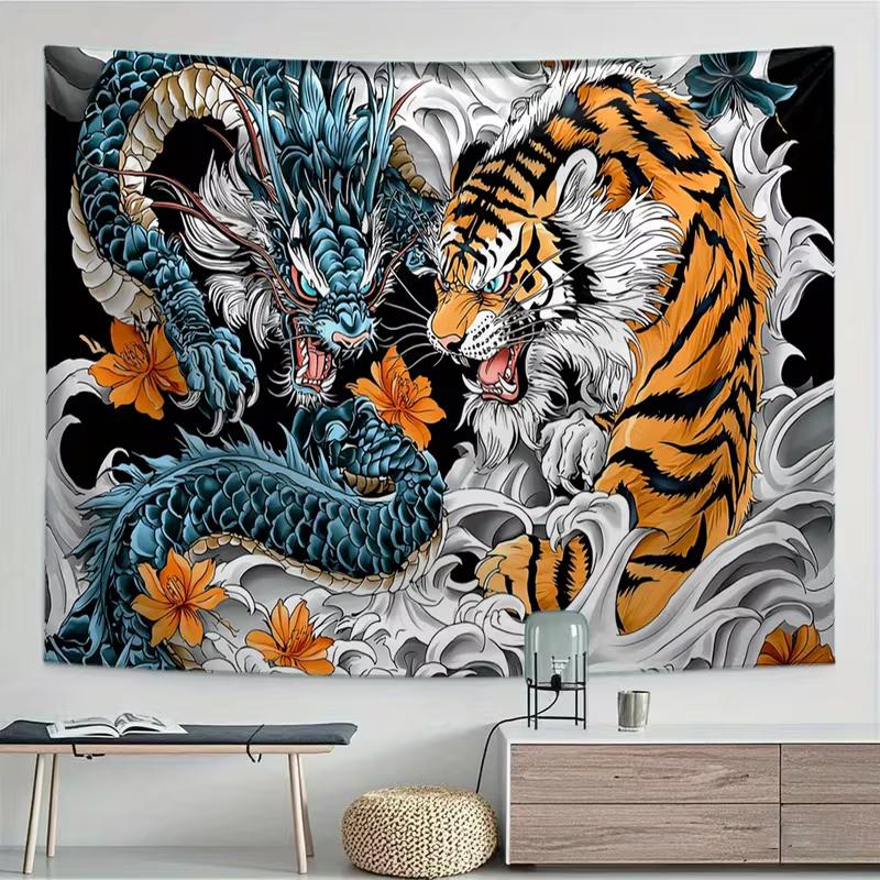 2D Traditional Asian Style Background Cloth Dragon Tiger Floral Wave Banner for Party