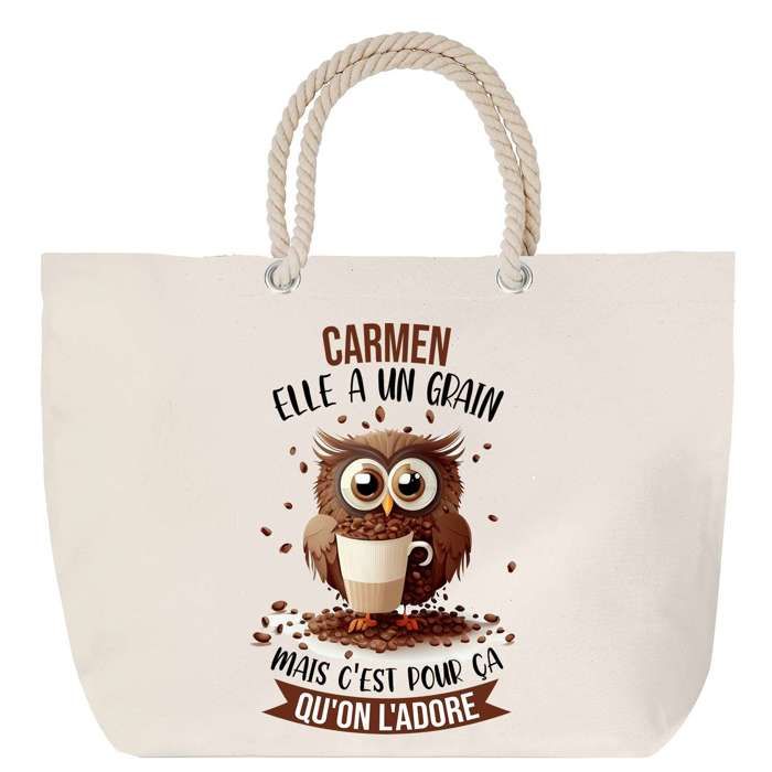 Sac de plage avec anse corde Carmen Chouette Grain Cadeau Anniversaire Noël | Grand Sac de Transport & Sport