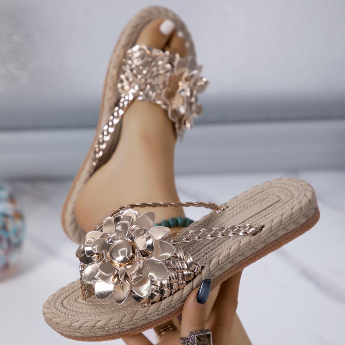 

Модные бохо-сандалии, женская обувь, летние туфли на плоской подошве с цветочным принтом, роскошные сандалии, женские дизайнерские спортивные туфли для пляжа 2024 39 золотой