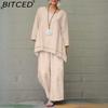 BITCED Women's Solid Vintage Pants Set Cotton Linen Casual Long Sleeve Loose Cotton Set