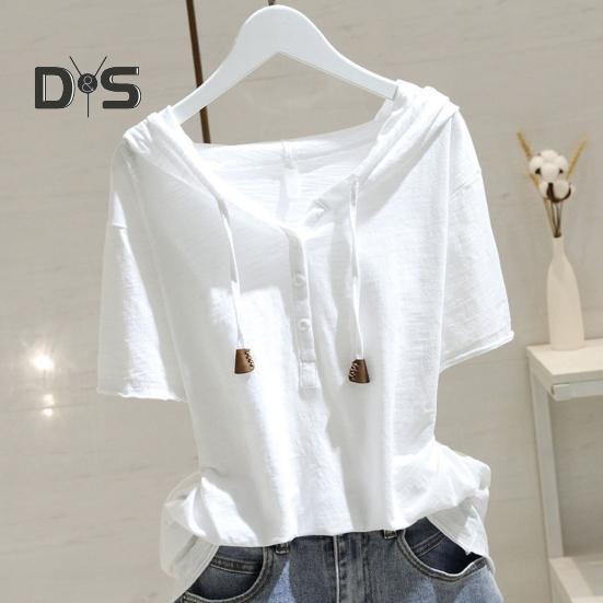 Women Hoodie Short Sleeves Hooded Drawstring Solid Color Loose Soft Casual Pullover Breathable Ladt Summer Top