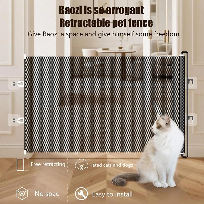 Retractable Pet Gate For Cats Dogs No-Drill Mesh Safety Barrier Anti-Jump Isolation Fence To Prevent Cat From Escaping Indoor