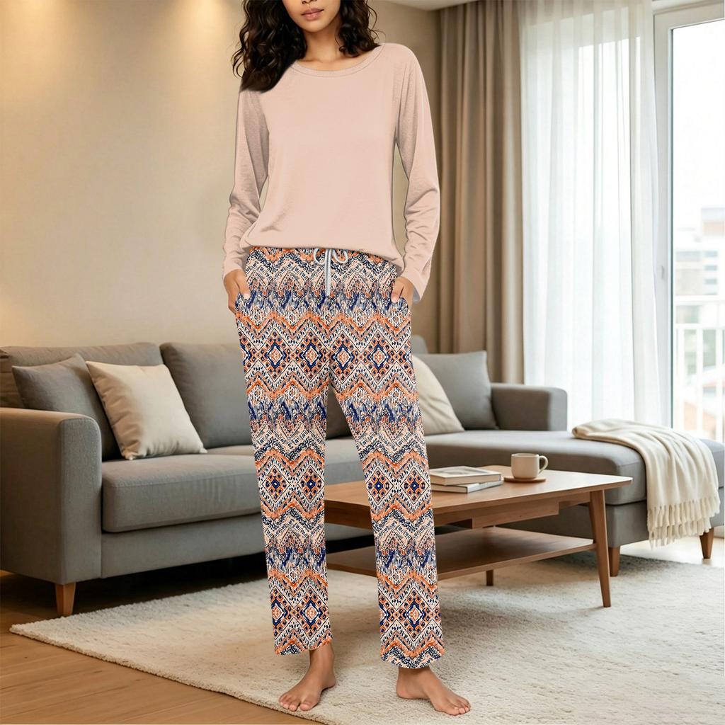 Damen Freizeit-Schlafanzug-Set mit Print, Rundhalsausschnitt und Lockerer Passform für Nachtwäsche und Loungewear