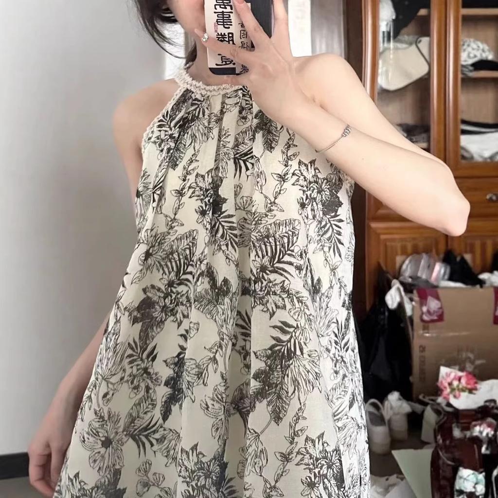 New Chinese style ink tie-dye suspender dress women's summer loose and thin small long dress off-the-shoulder a-word skirt