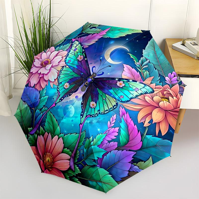 1pc Butterfly Garden Moonlit Night Umbrella with Plastic Handle,Vibrant Cartoon Pattern,Multi-functional UmbrellaPT172