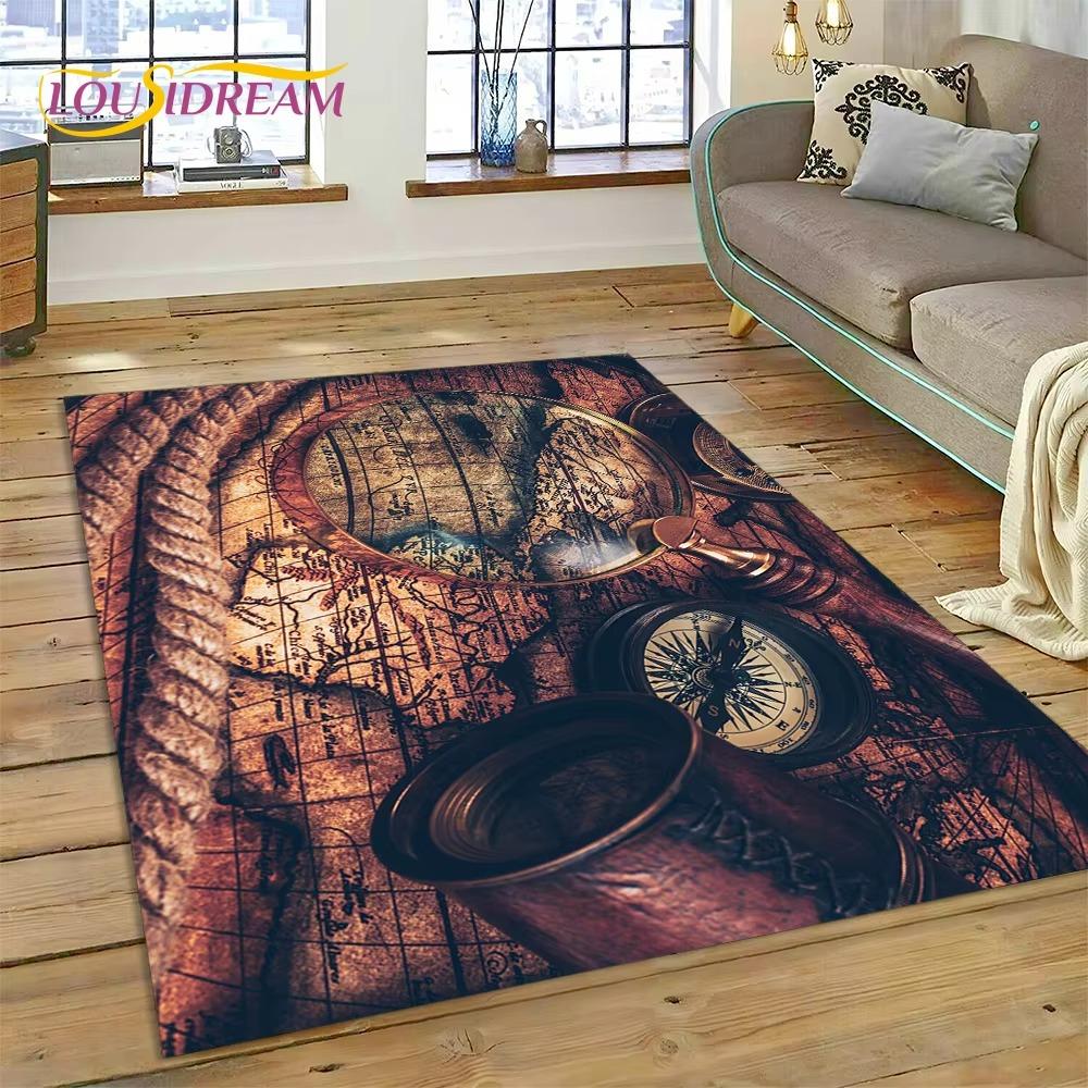 Ancient Nautical Chart World Map Compass Rug Carpet for Living Room Bedroom Decor,Floor Mat Non-slip Decoration for Sofa Doormat