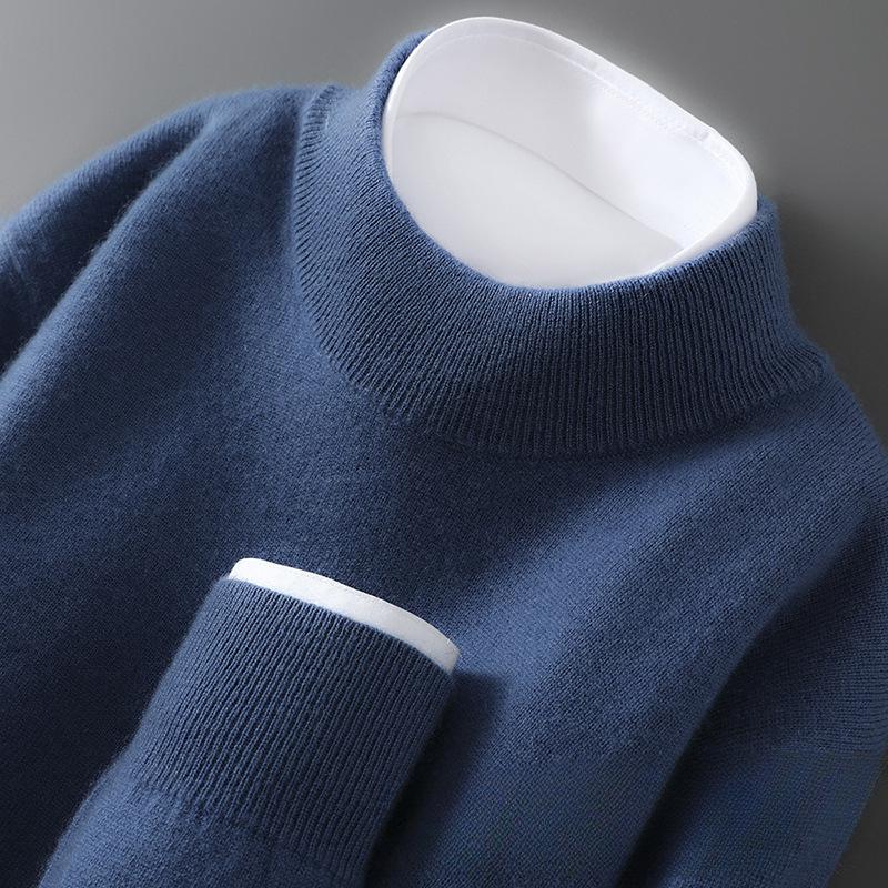 Men's 100% Pure Wool Half-High Neck Knit Pullover Sweater