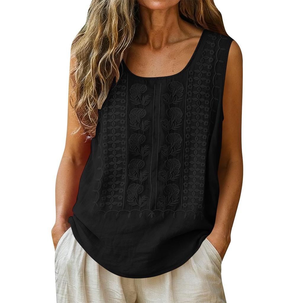 Sleeveless Round Neck Embroidered Casual Loose Fit Blouse for Women Comfortable Lightweight Top