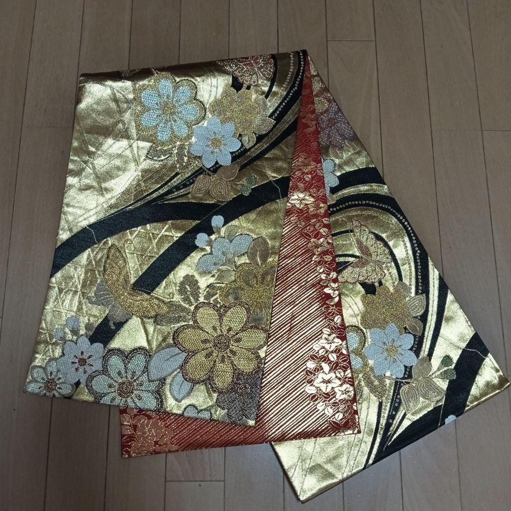 Used Pure Silk Fukuro Obi, Six-panel Pattern, Flower and Butterfly Motif, Gold Thread, Black Background, for Furisode Kimono, Coming-of-age Ceremony