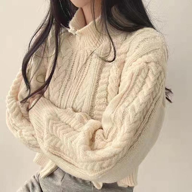 Autumn/Winter Korean Retro Short Double Zipper Cable Knit Women's Cardigan