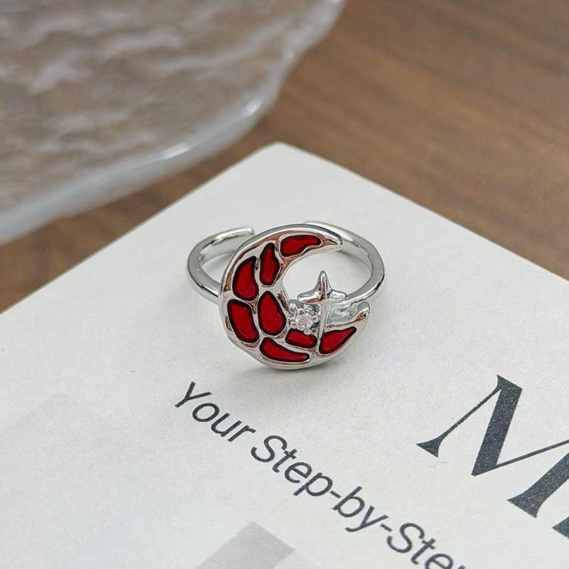 

Super Fairy Enamel Red Full Diamond Zircon Moon Personality Opening Ring Female Niche Design High-End Personality Ring Adjustable opening
