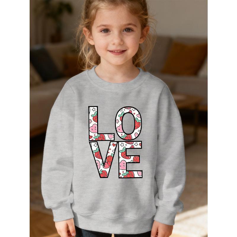 Kids Unisex Crewneck Sweatshirt, Strawberry Heart LOVE Letter Print Long Sleeve Pullover, Soft Fleece Kids Sweatshirt For Boys Girls Over 4 Years Old