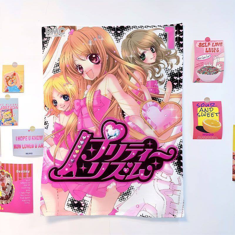 Kawaii Cat Ear Maid Anime Girl Tapestry Pink Polka Dot Wall Hanging for Pastel Aesthetic Bedroom Decor Home Decor