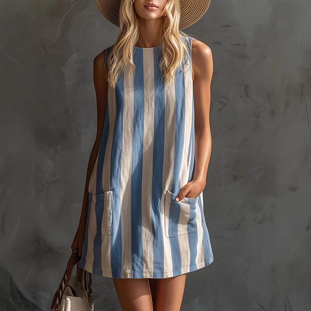 Retro Striped Sleeveless Round Neck Loose Casual Mini Dress For Women
