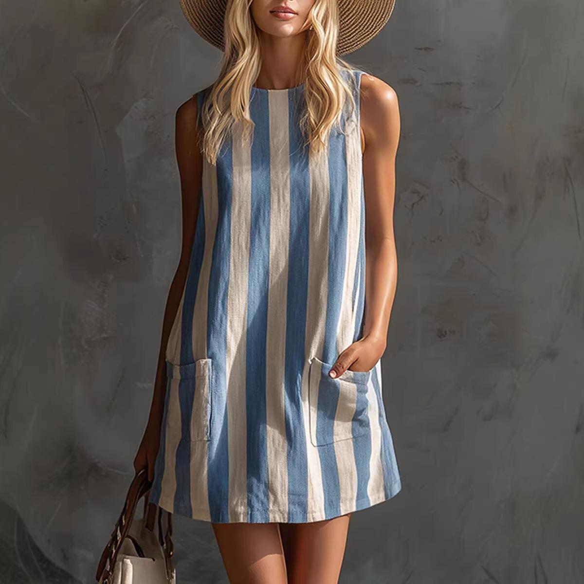 

women s Vertical Striped Sleeveless Shift Mini Dress Casual Loose Sundress With Side Pockets S