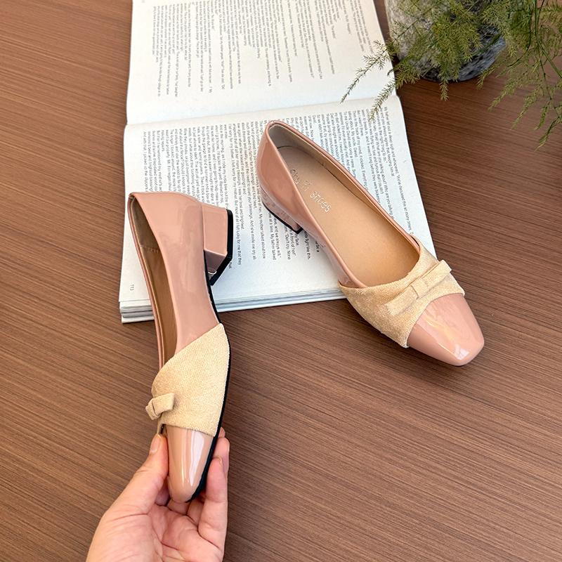 Fashion Retro Versatile Slip-On Shallow Single Shoes Square Toe Patent Leather Grandma Shoes Women Spring Bow Commuter Block Heel