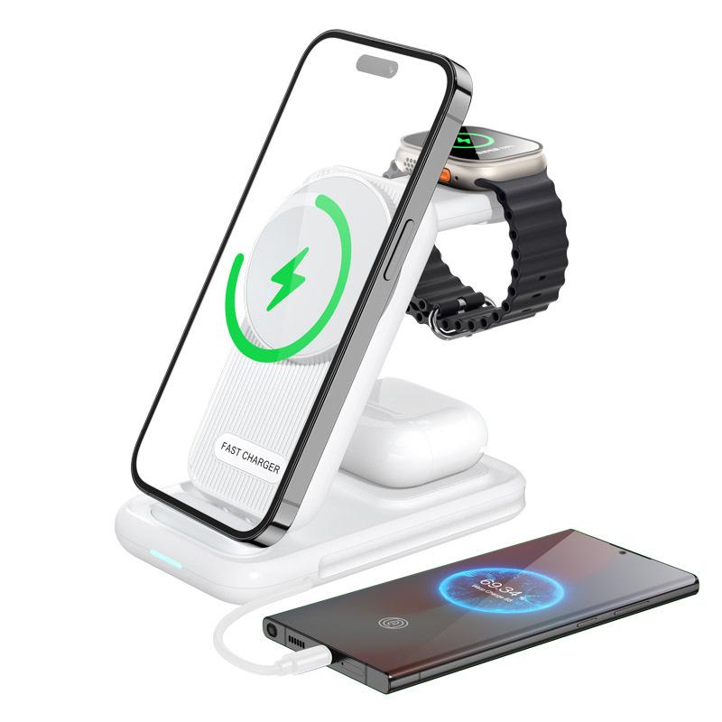 3-in-1 Foldable Wireless Charging Stand with Magnetic Cable for Fast Charging