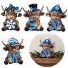 Office Desk Accessory 4Pcs Christmas Highland Cow Figurine, Winter Blue Yak Statues with Snowflakes Xmas Artistic Holiday Gift Hats, Farmhouse