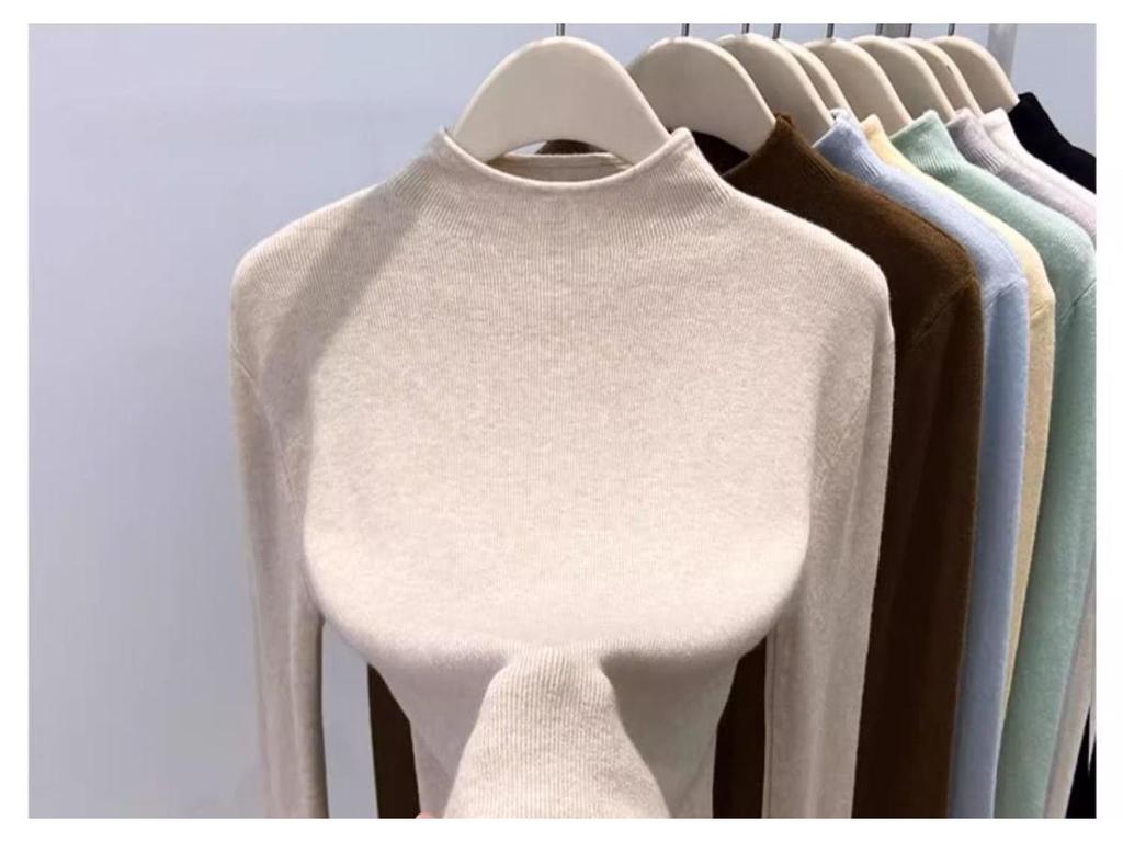 Women's High-End Slim Fit Long Sleeve Knit Sweater – Soft Semi-High Neck Base Layer for Autumn/Winter