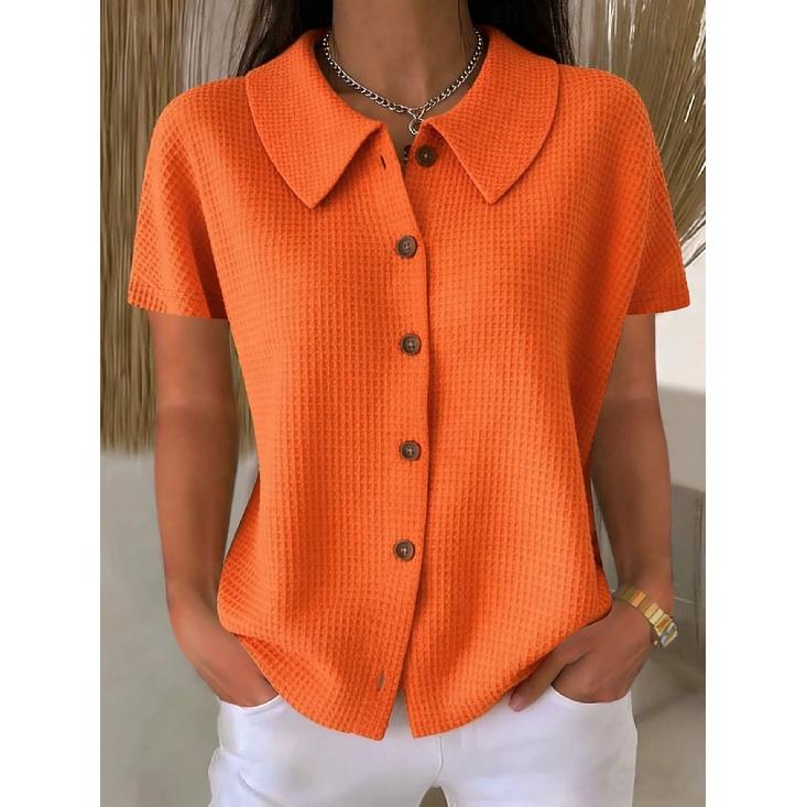 2026 New Women s Fashionable Waffle Knit Solid Color Casual Short Sleeve Shirt with Turn-down Collar S оранжевый