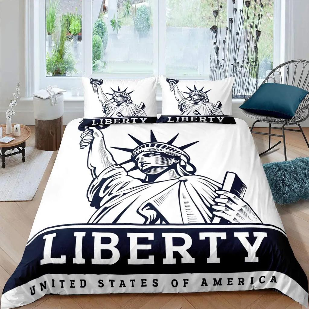 Freiheitsstatue Bettbezug Hip Hop Doppelgröße Friedenszeichen Liebesherz Bettwäscheset Amerikanische Augen Bunt Polyester Steppdecke