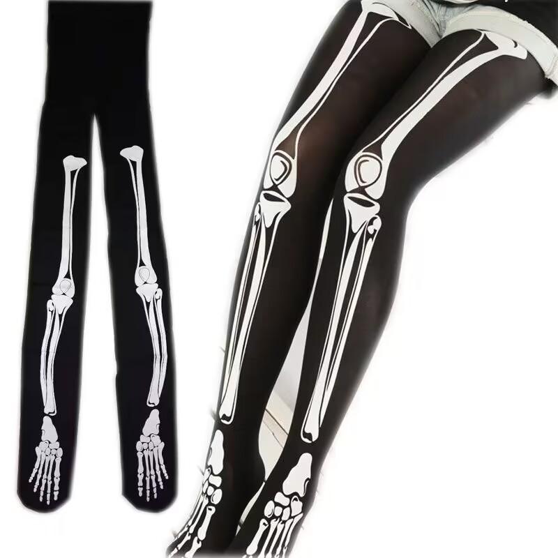 Women's Black Skeleton Print Tights for Casual and Costume Wear