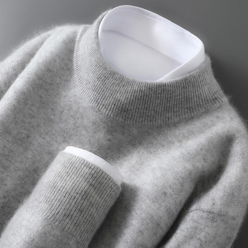 Men's Cross-Border Exclusive 100% Wool Half-High Neck Loose Knit Pullover Sweater