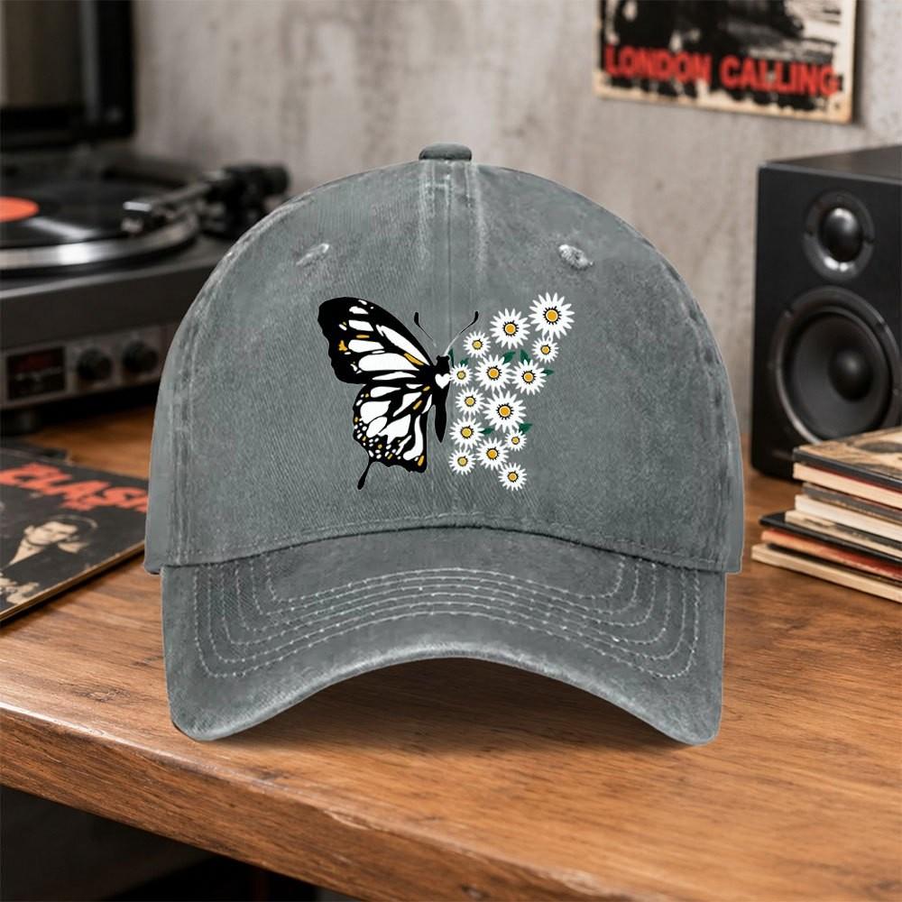 Butterfly Daisy Vintage Baseball Cap Unisex Washed Cotton Hat for Outdoor Sports Daily Wear