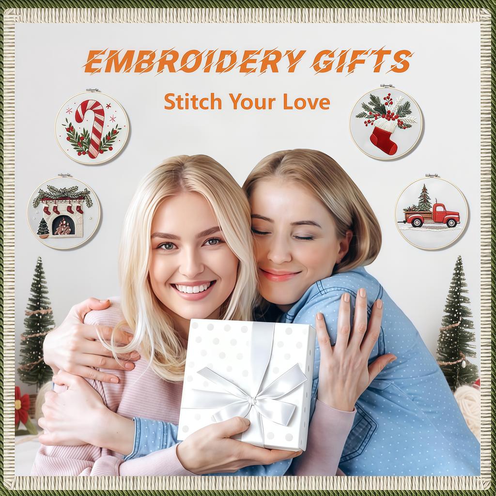 4 Sets Christmas Embroidery Kit for Beginners Cross Stitch Kits Needlepoint Kits for Adults with Pattern Needles Threads Tools