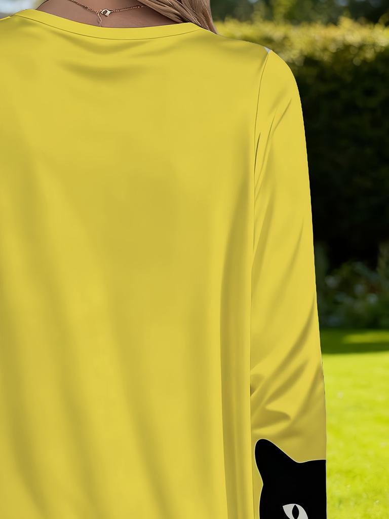 Women's Plus Size with Pocket Design Yellow Cat Pattern Loose Long Sleeve T-Shirt Women's Fashion Versatile Casual Top