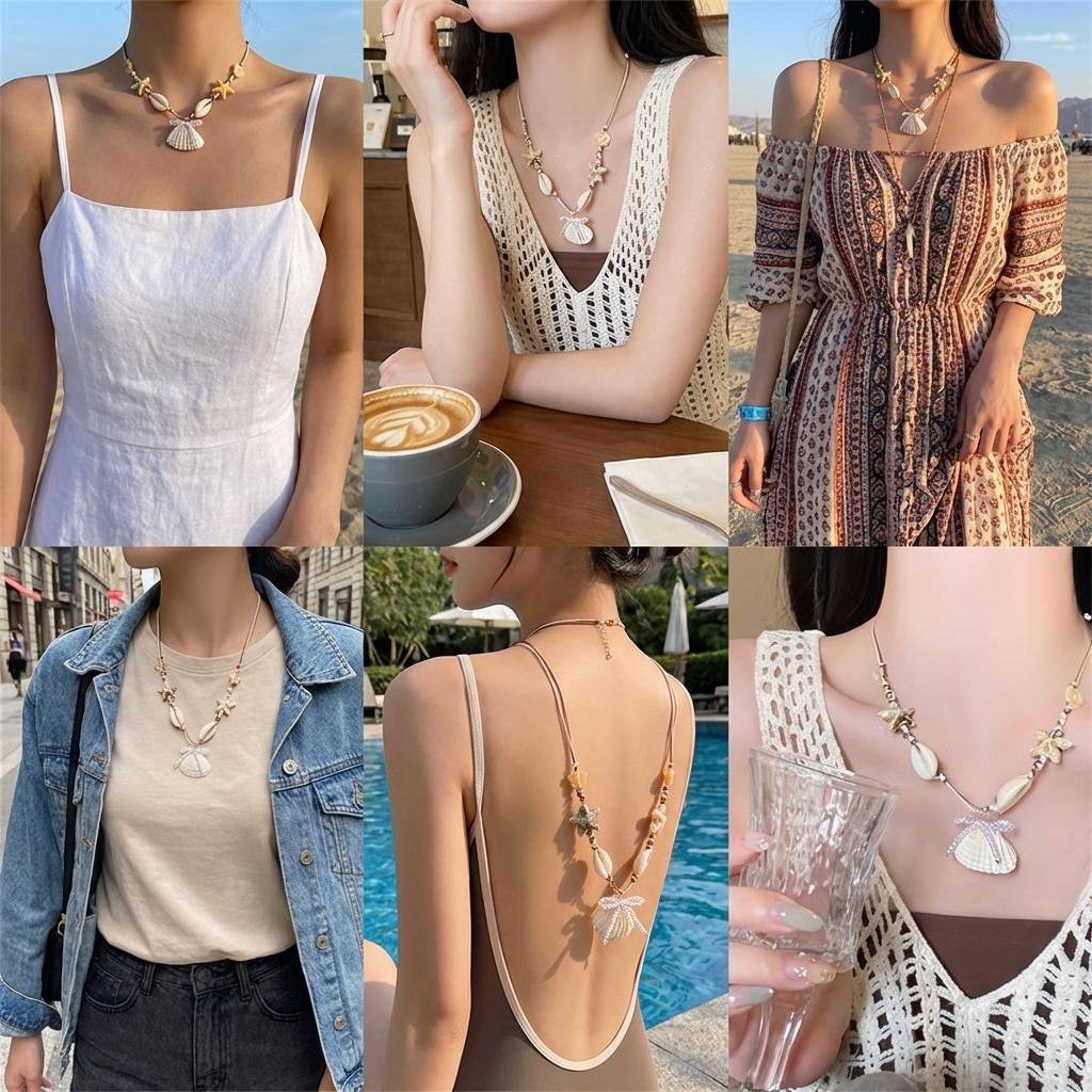 Trendy Shell Bow Pendant Necklaces for Women Starfish Imitation Pearl Starfish Necklaces Sweet Seaside Vacation Style Neck Jewel