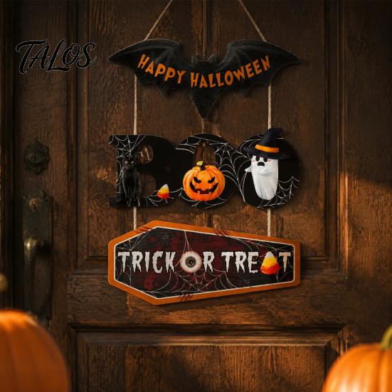 Outdoor Halloween Door Decor Happy Wooden Sign, Cute Bat Ghost Pumpkin Boo Hanger, Trick Hanging Ornament or Treat Wall Sign for Party, Front