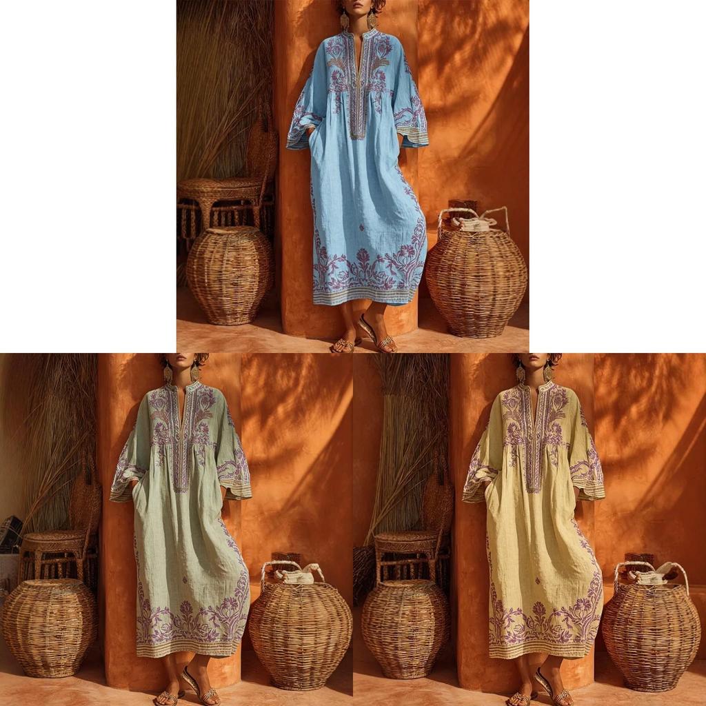 Abito Lungo Bohemian Stampato in Cotone e Lino con Tasche per Uso Casual Estivo