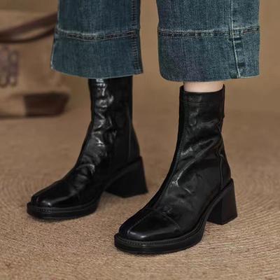 Mode 2024 Hiver Nouvelles Bottes De Mode Pour Femmes Rétro Couleur Unie Bout Rond Bottines Style Britannique Mode Talons Hauts Chaussures Pour Femmes