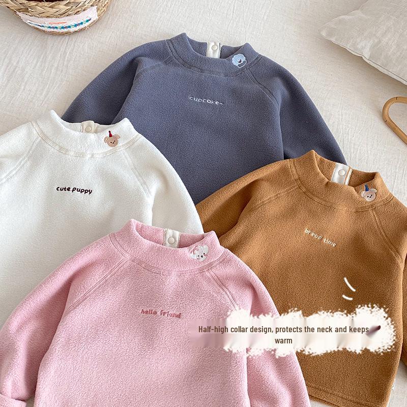 2025 Winter Kids' Fleece Base Layer: Girls' Half-High Neck, Boys' Embroidered Cartoon Top