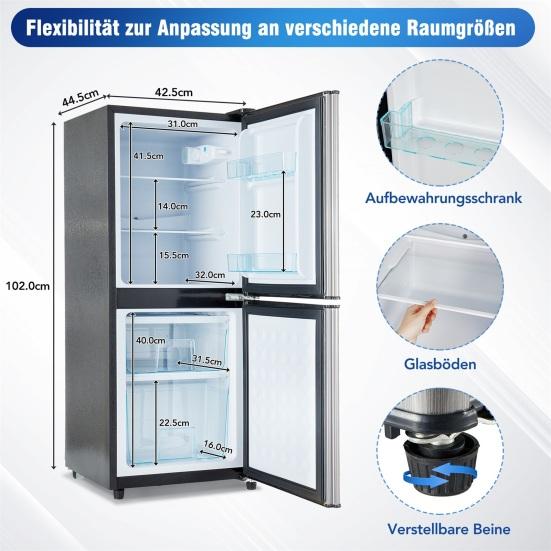 106L Energy-Saving Mini Fridge, 60L Fridge and 46L Freezing Machine, 7 Temperature Settings, Silver Color Door, Black Body, Led Lighting, Adjustable