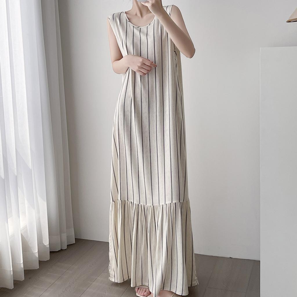 Robe de nuit sans manches en coton et soie pour femme, été, idyllique, ample, grande taille, peut être portée dehors, jupe fishtail en coton artificiel à fleurs
