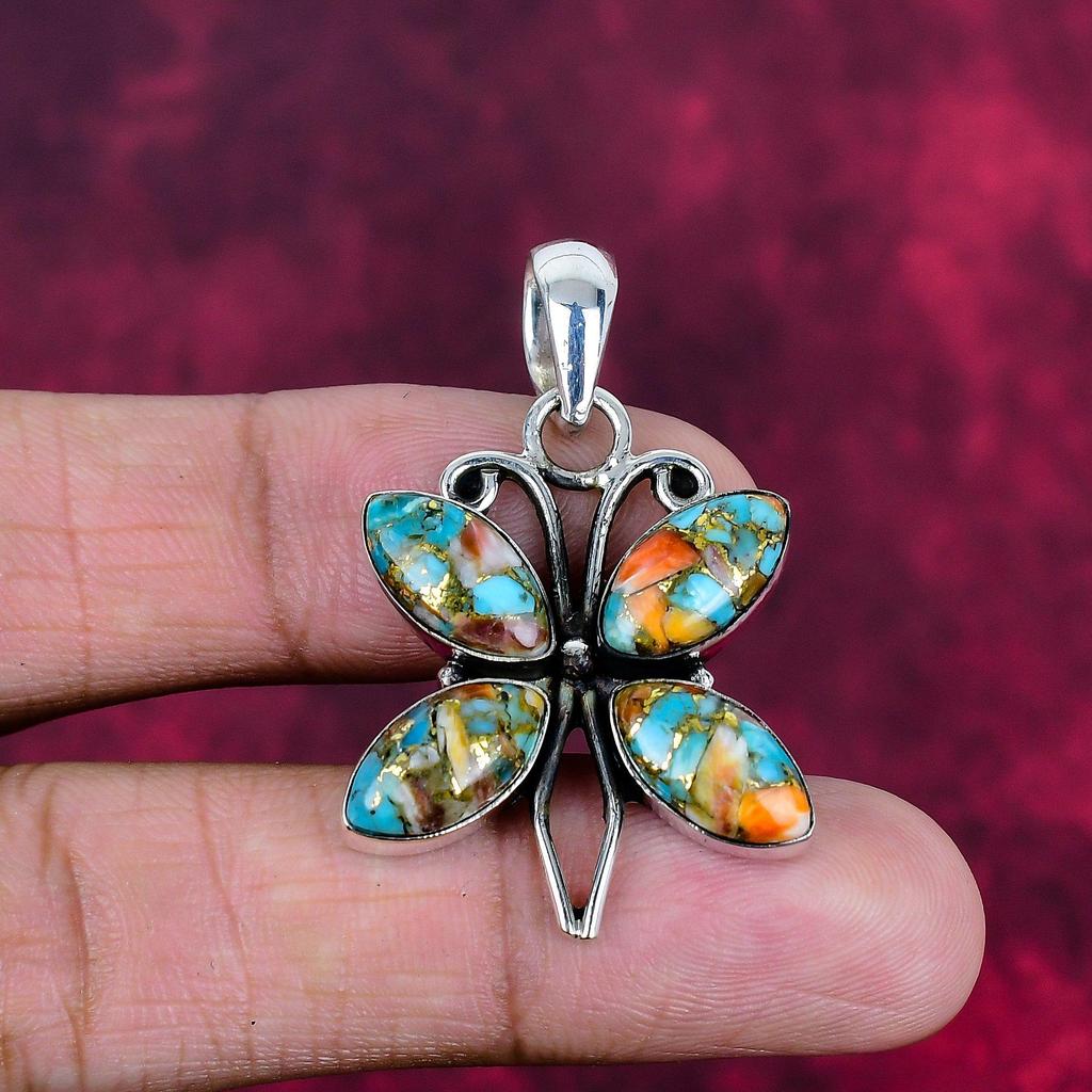 Orange Copper Turquoise 925 Solid Sterling Silver Pendant, Handmade Gemstone Pendant Jewelry, Designer Pendant For Her