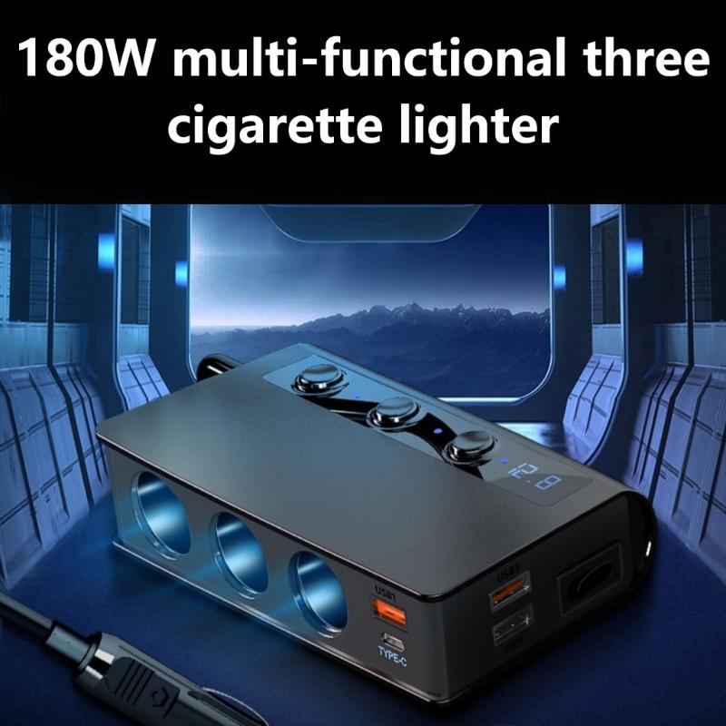 180W Car Charging Adapter Lighter Adapter Splitter Adapter USB Charger with Independent Switches and Voltmeter