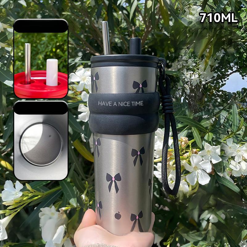 High-value Thermos Cup with Carrying Rope Portable Ice Cup Large-capacity Car Straw Water Cup