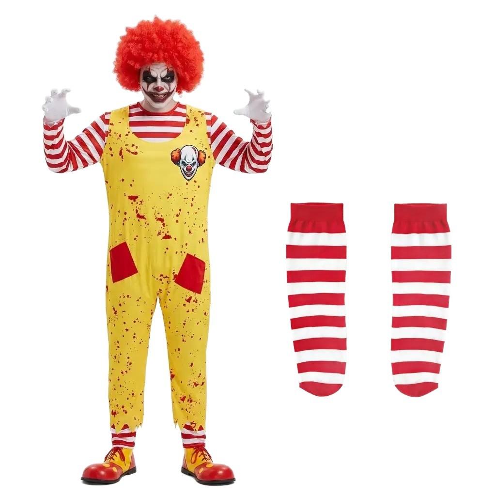 Halloween Scary Clown Costume Striped Jumpsuit Set for Adults Men Women, Creepy Cosplay Outfit for Party Stage Performance